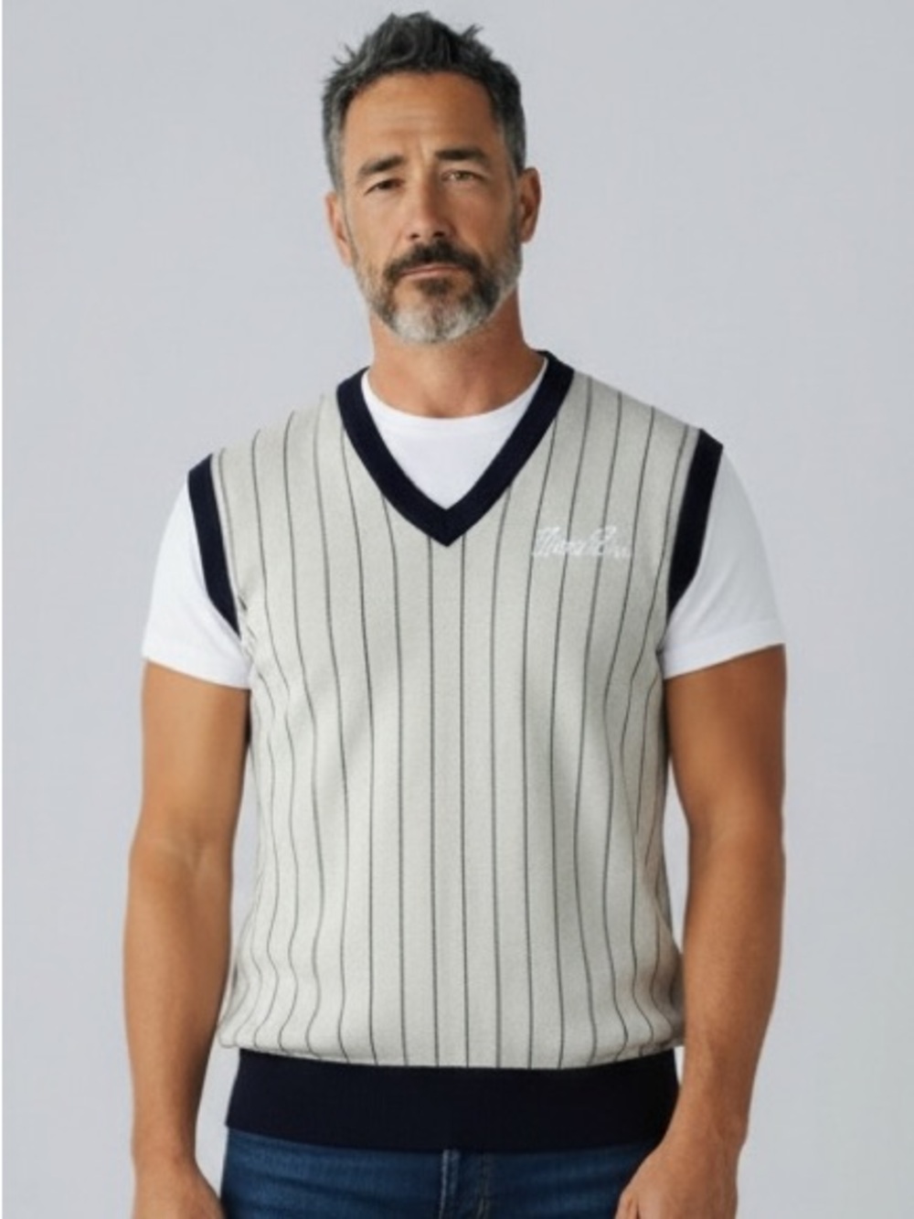 Bogey Boys Pinstripe Golf V-Neck Sleeveless Sweater Vest, Gray/Navy Size M, NWT